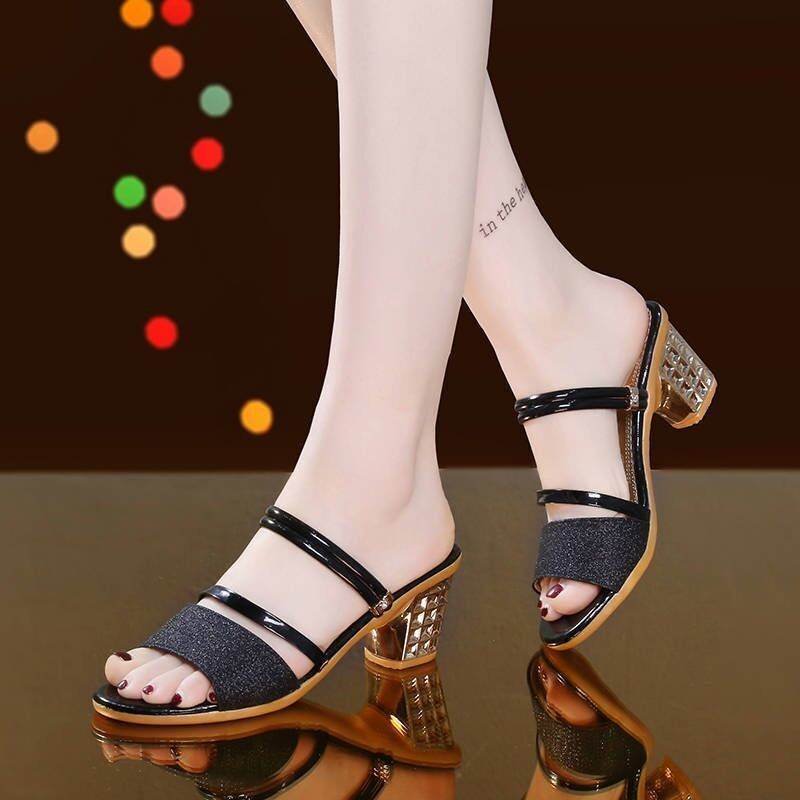 Bulksuki Wholesale summer new women's heel sandals and slippers thick heel middle heel fashion sandals #914
